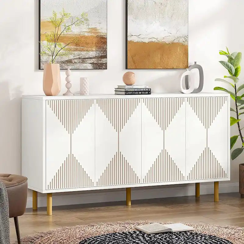 55" Sideboard Buffet Cabinet - White Wood with Gold Metal Legs 29.52L x 13.77D x 31.49H - Freestanding Storage