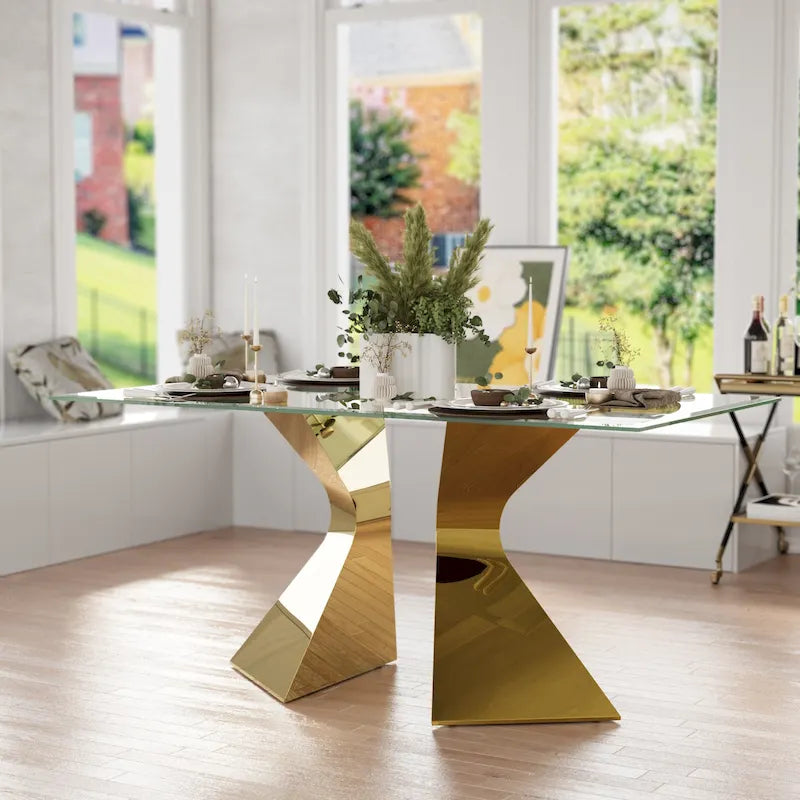 63 Inch Glass Dining Table - Modern Tempered Glass Top with Gold Metal Legs - Seats 4-6 - 63D x 35.38W x 30H