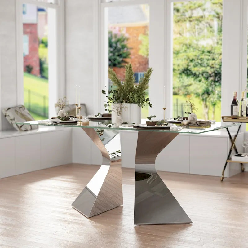 63 Inch Glass Dining Table - Modern Tempered Glass Top with Gold Metal Legs - Seats 4-6 - 63D x 35.38W x 30H