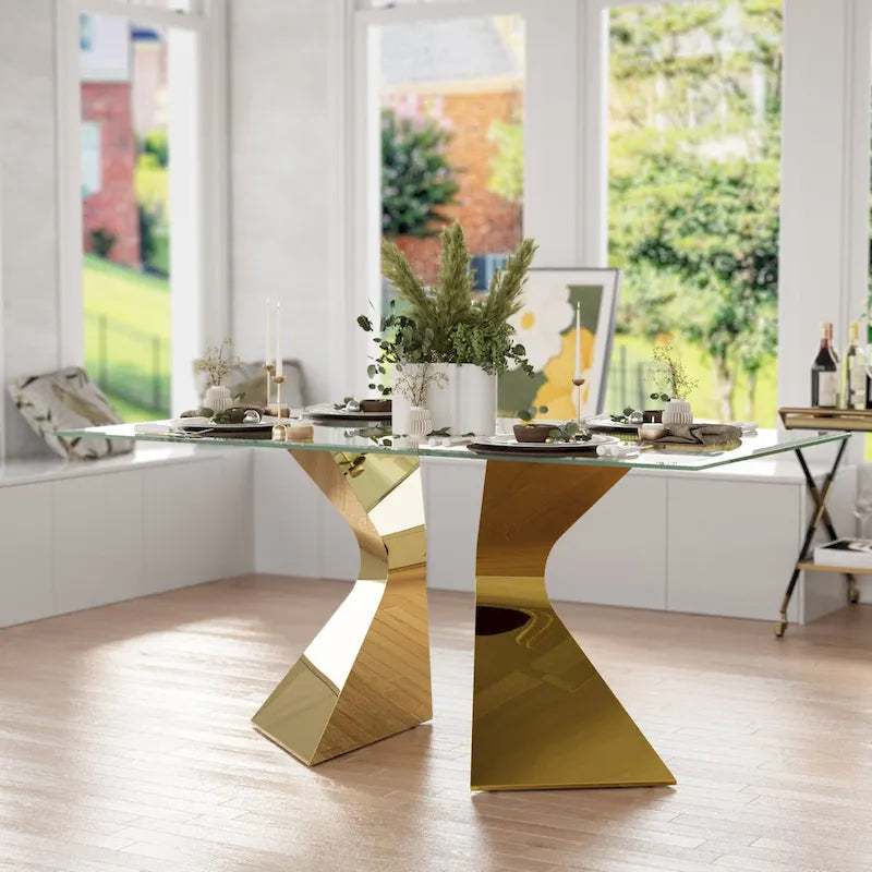 63 Inch Glass Dining Table - Modern Tempered Glass Top with Gold Metal Legs - Seats 4-6 - 63D x 35.38W x 30H