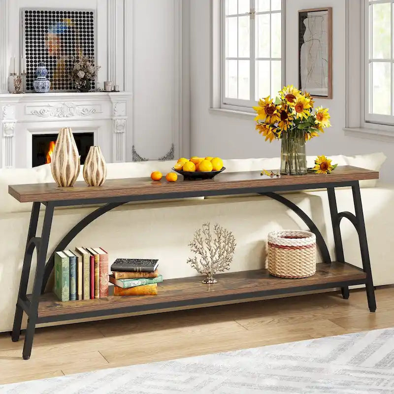 70.8" Extra Long Console Table - 2 Tier Storage Shelves - Rustic Brown - Metal Frame - Narrow Sofa Table - Entryway Hallway