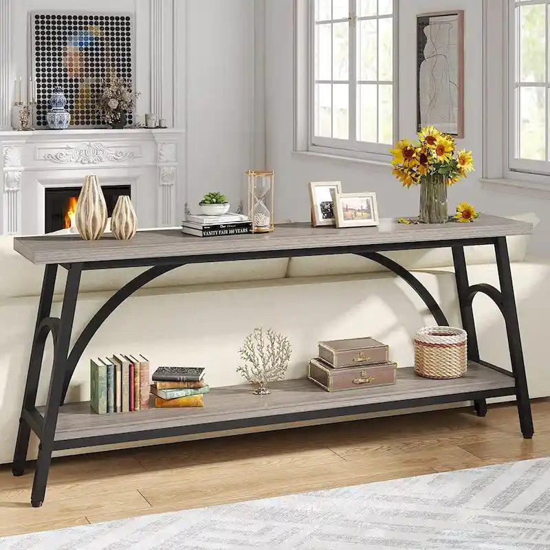 70.8" Extra Long Console Table - 2 Tier Storage Shelves - Rustic Brown - Metal Frame - Narrow Sofa Table - Entryway Hallway