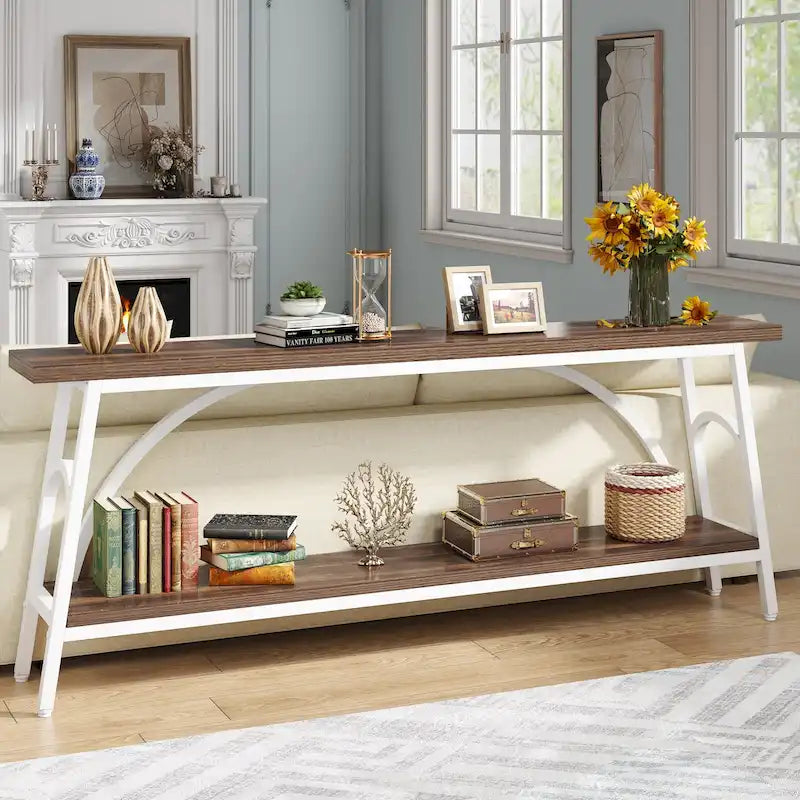 70.8" Extra Long Console Table - 2 Tier Storage Shelves - Rustic Brown - Metal Frame - Narrow Sofa Table - Entryway Hallway