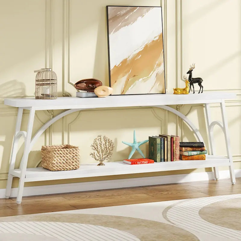 70.8" Extra Long Console Table - 2 Tier Storage Shelves - Rustic Brown - Metal Frame - Narrow Sofa Table - Entryway Hallway