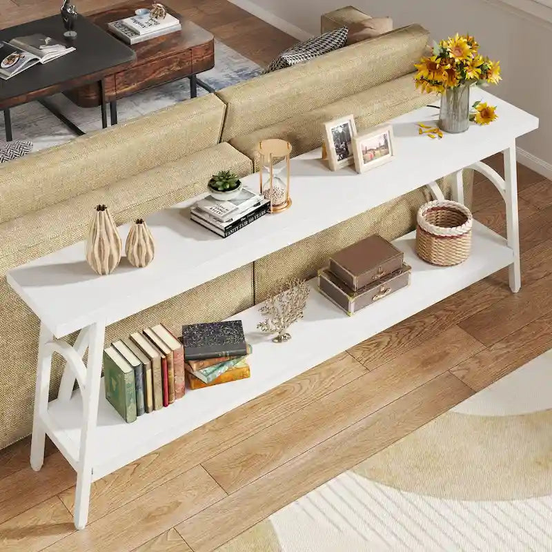 70.8" Extra Long Console Table - 2 Tier Storage Shelves - Rustic Brown - Metal Frame - Narrow Sofa Table - Entryway Hallway