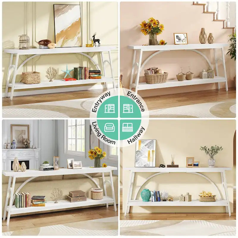 70.8" Extra Long Console Table - 2 Tier Storage Shelves - Rustic Brown - Metal Frame - Narrow Sofa Table - Entryway Hallway