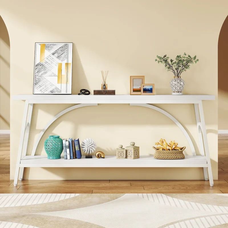 70.8" Extra Long Console Table - 2 Tier Storage Shelves - Rustic Brown - Metal Frame - Narrow Sofa Table - Entryway Hallway