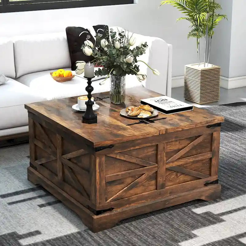Farmhouse Coffee Table with Hidden Storage 31.1W x 31.1D x 17.9H - Lift-Top Design - Rustic Wood & Metal