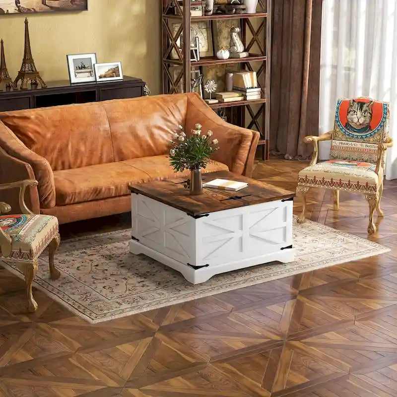Farmhouse Coffee Table with Hidden Storage 31.1W x 31.1D x 17.9H - Lift-Top Design - Rustic Wood & Metal