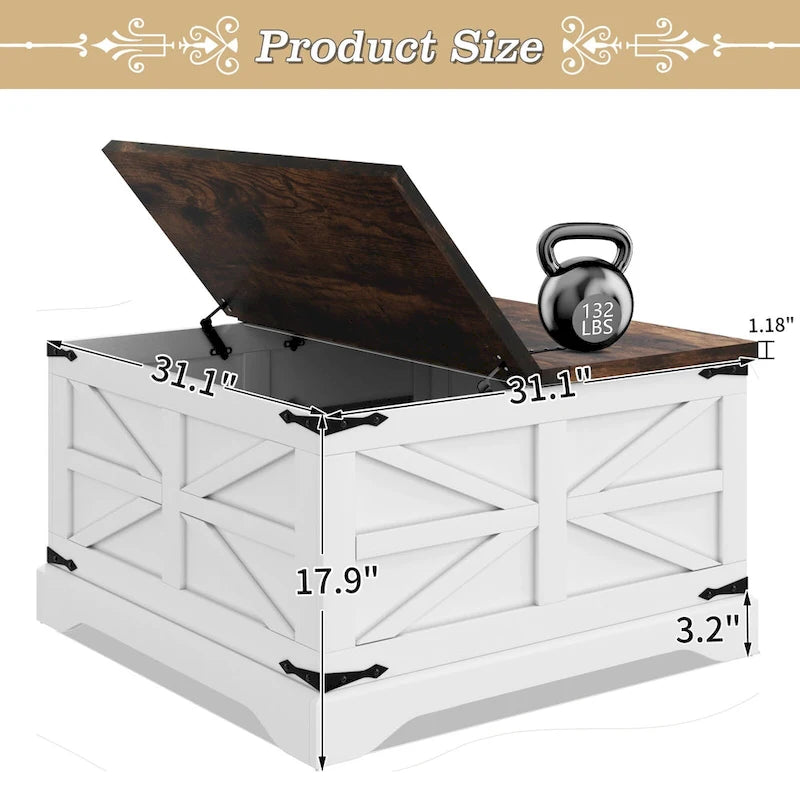 Farmhouse Coffee Table with Hidden Storage 31.1W x 31.1D x 17.9H - Lift-Top Design - Rustic Wood & Metal