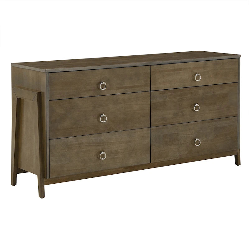 6-Drawer Wood Dresser 60.83W x 17.72D x 30H - Mid-Century Modern Rubberwood - Tobacco Brown Finish - Metal Glides