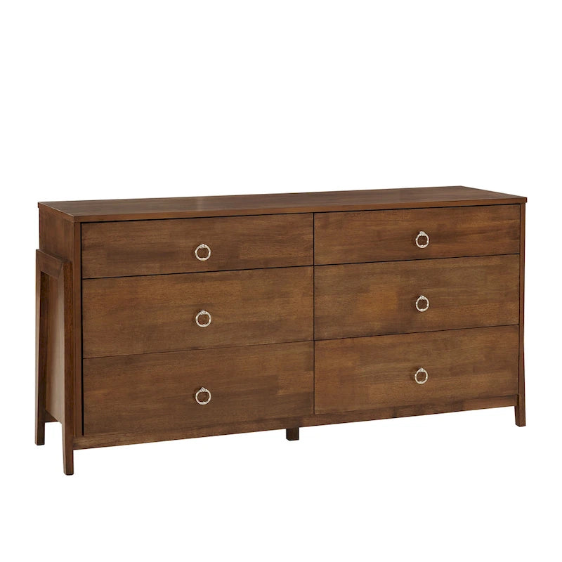 6-Drawer Wood Dresser 60.83W x 17.72D x 30H - Mid-Century Modern Rubberwood - Tobacco Brown Finish - Metal Glides