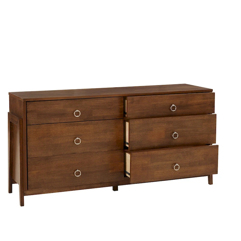6-Drawer Wood Dresser 60.83W x 17.72D x 30H - Mid-Century Modern Rubberwood - Tobacco Brown Finish - Metal Glides