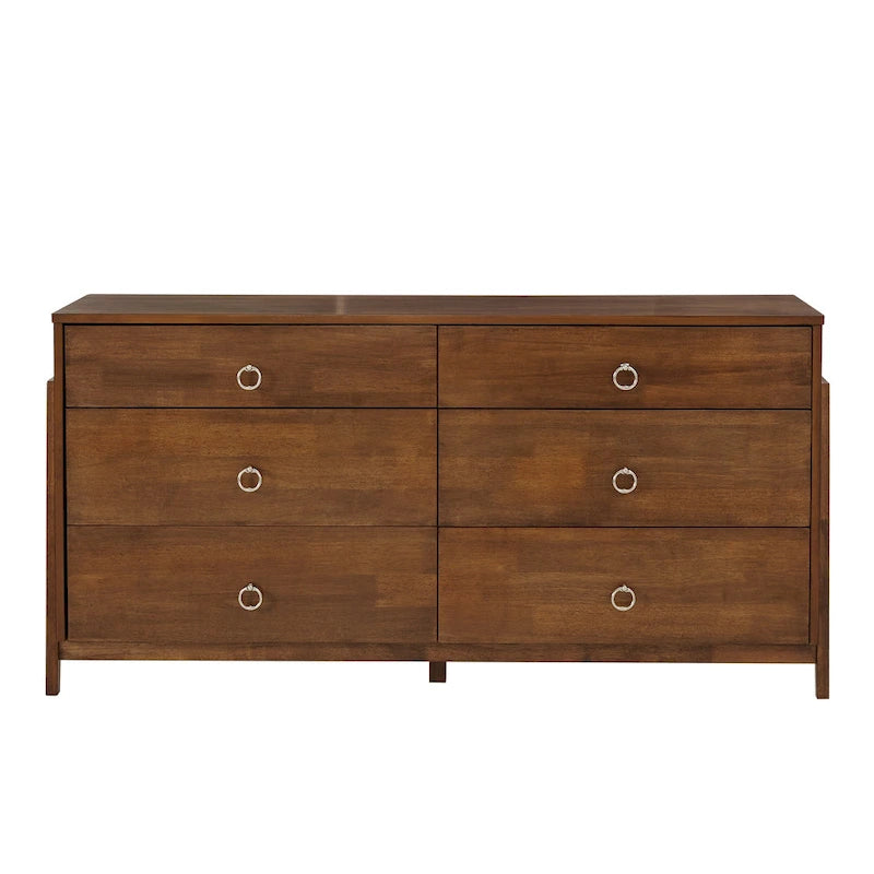 6-Drawer Wood Dresser 60.83W x 17.72D x 30H - Mid-Century Modern Rubberwood - Tobacco Brown Finish - Metal Glides
