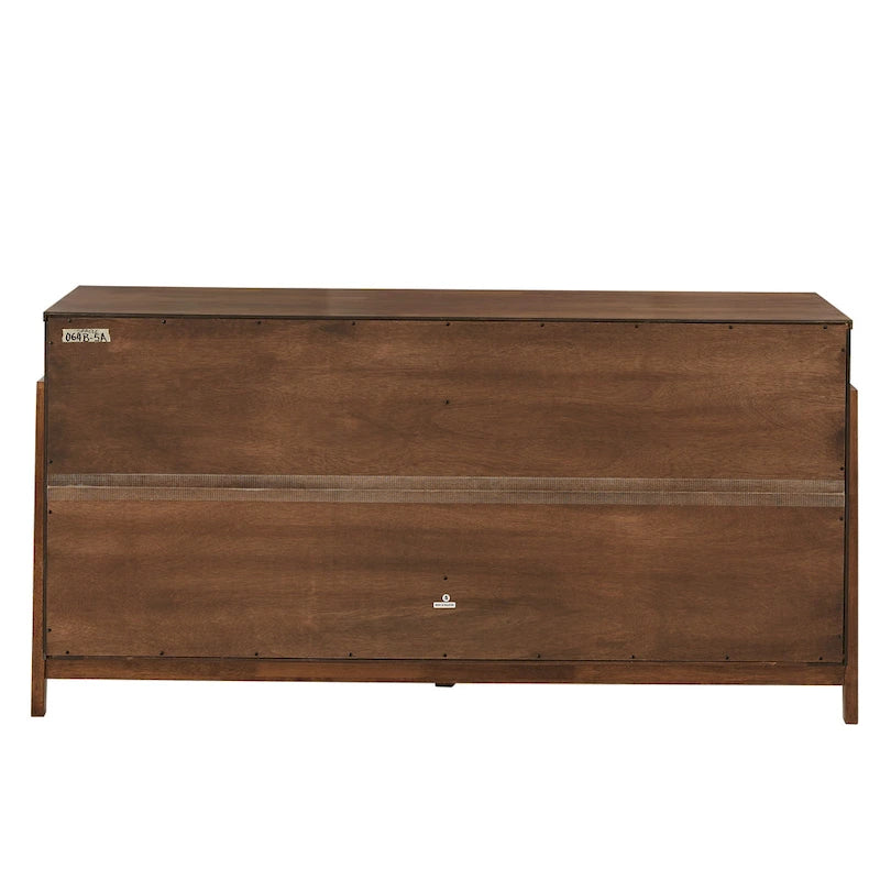 6-Drawer Wood Dresser 60.83W x 17.72D x 30H - Mid-Century Modern Rubberwood - Tobacco Brown Finish - Metal Glides