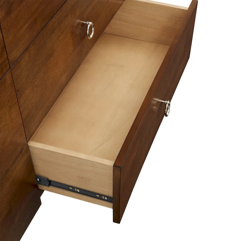 6-Drawer Wood Dresser 60.83W x 17.72D x 30H - Mid-Century Modern Rubberwood - Tobacco Brown Finish - Metal Glides