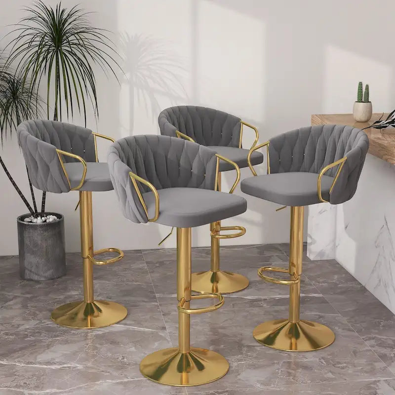 Adjustable Velvet Bar Stool Set of 4 - 360° Swivel - Height 24-33 inch - Tufted Back - High-Density Foam - 400 lbs Capacity
