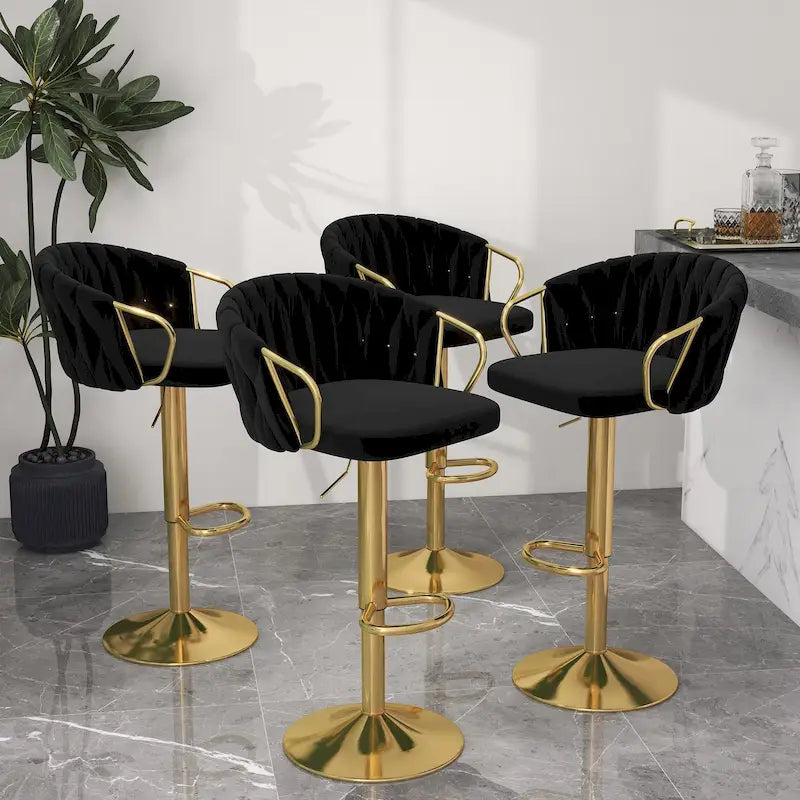 Adjustable Velvet Bar Stool Set of 4 - 360° Swivel - Height 24-33 inch - Tufted Back - High-Density Foam - 400 lbs Capacity