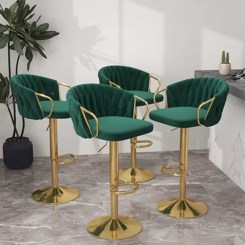 Adjustable Velvet Bar Stool Set of 4 - 360° Swivel - Height 24-33 inch - Tufted Back - High-Density Foam - 400 lbs Capacity
