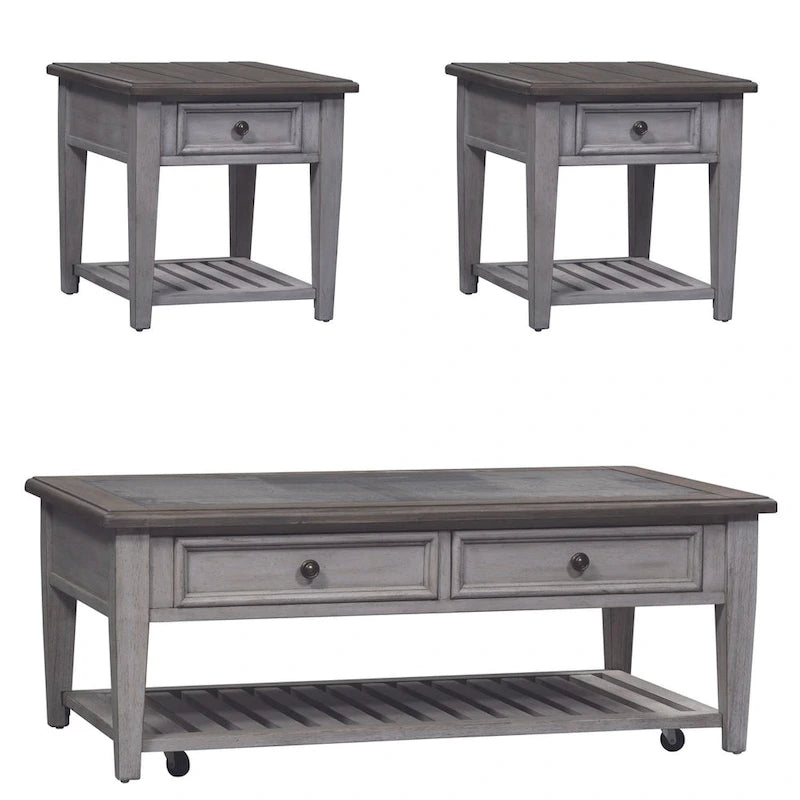 Antique White 3-Piece Table Set - Coffee Table 52" + 2 End Tables - Rubberwood - Tobacco Tops - Cottage Style with Drawers