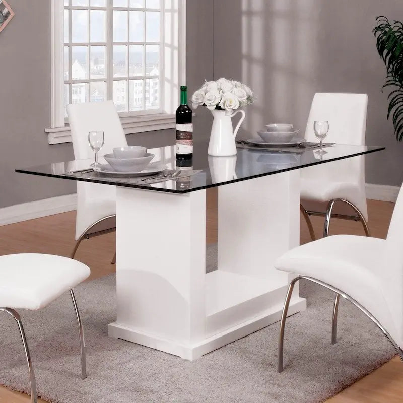 59" Contemporary Dining Table - White Lacquer with Tempered Glass Top - Seats 4-6 - Modern Pedestal Base