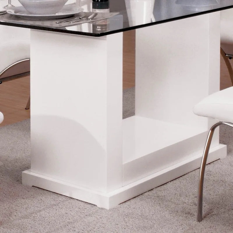 59" Contemporary Dining Table - White Lacquer with Tempered Glass Top - Seats 4-6 - Modern Pedestal Base