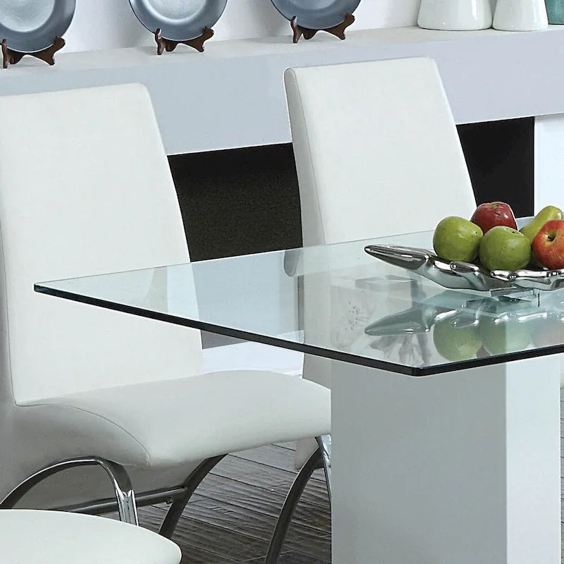 59" Contemporary Dining Table - White Lacquer with Tempered Glass Top - Seats 4-6 - Modern Pedestal Base