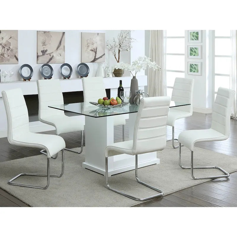 59" Contemporary Dining Table - White Lacquer with Tempered Glass Top - Seats 4-6 - Modern Pedestal Base