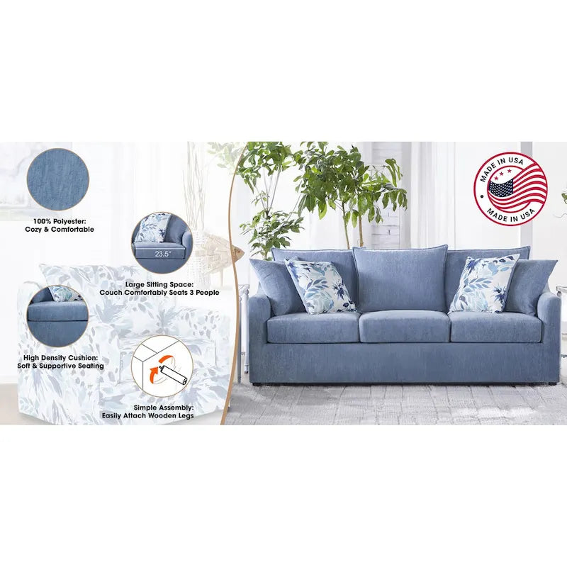 3-Seater Sofa 80.5W x 36D x 33.5H - Slate Blue Polyester with Pillow Back - Made in USA - 930 lbs Capacity