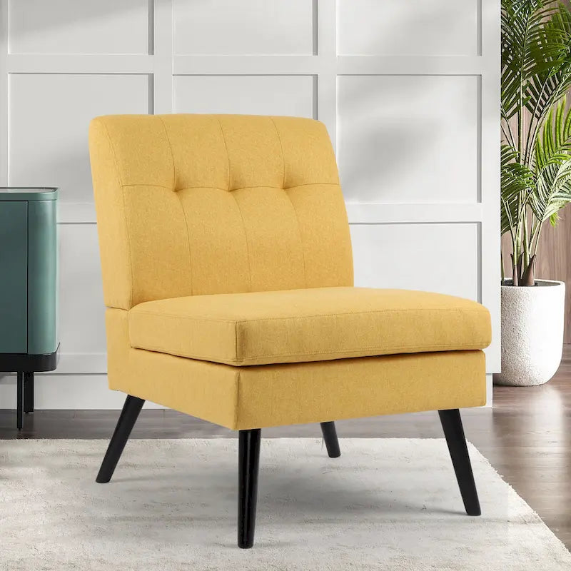 Mid-Century Modern Accent Chair - Tufted Back with High Density Foam - Solid Wood Frame - Linen-Like Fabric Upholstery