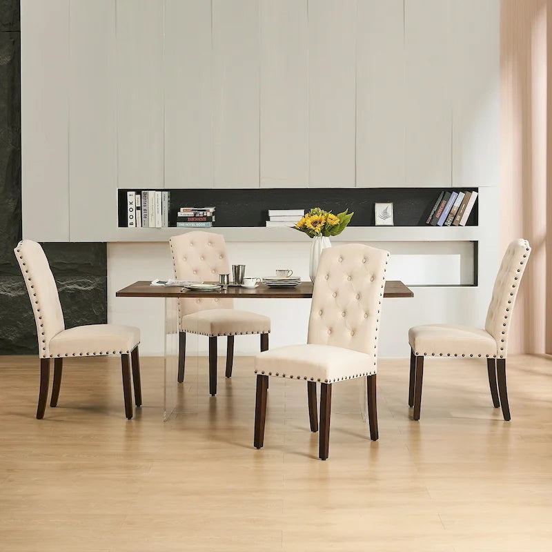 Upholstered Dining Chairs Set of 4, Button Tufted High Back, Nailhead Trim, 250lbs Capacity, Vintage Style Kitchen Chairs