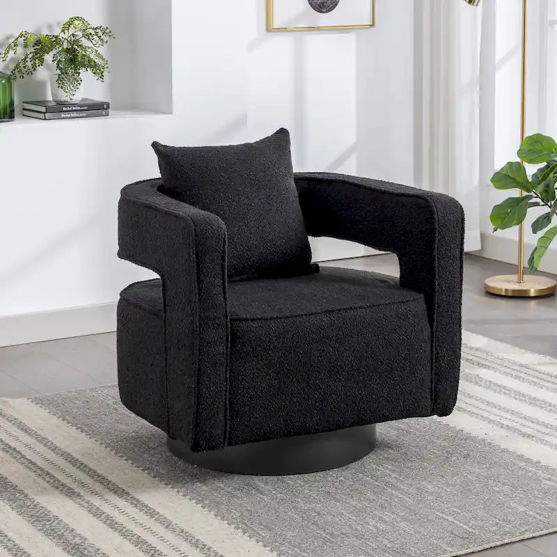 Boucle Swivel Accent Chair 360° Rotation - 29W x 32.67H - Cutout Back Design - Living Room Office Armchair with Pillow