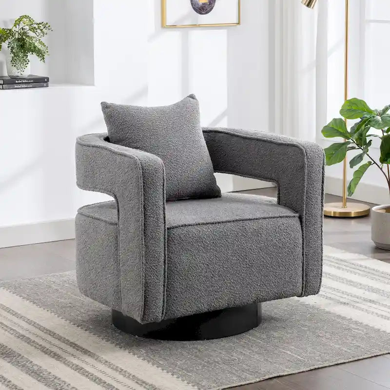 Boucle Swivel Accent Chair 360° Rotation - 29W x 32.67H - Cutout Back Design - Living Room Office Armchair with Pillow