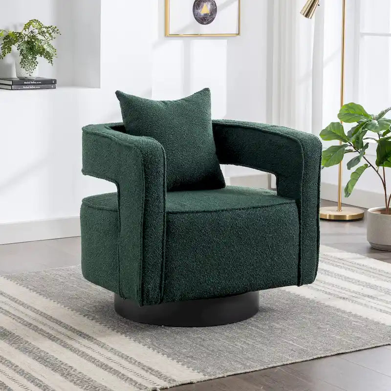 Boucle Swivel Accent Chair 360° Rotation - 29W x 32.67H - Cutout Back Design - Living Room Office Armchair with Pillow