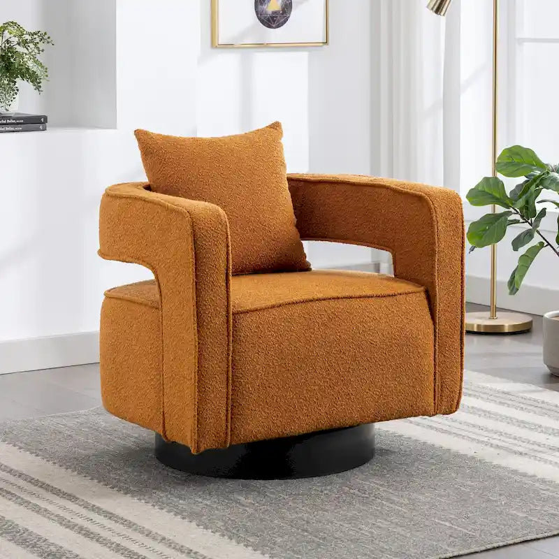 Boucle Swivel Accent Chair 360° Rotation - 29W x 32.67H - Cutout Back Design - Living Room Office Armchair with Pillow