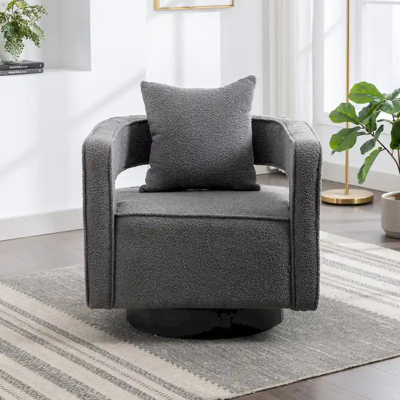 Boucle Swivel Accent Chair 360° Rotation - 29W x 32.67H - Cutout Back Design - Living Room Office Armchair with Pillow