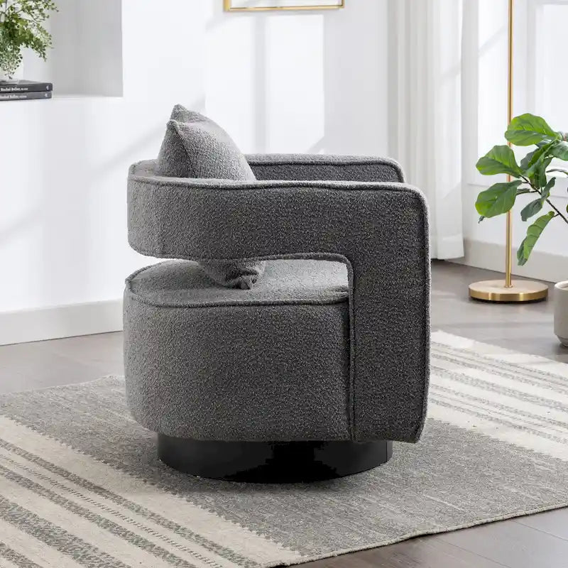 Boucle Swivel Accent Chair 360° Rotation - 29W x 32.67H - Cutout Back Design - Living Room Office Armchair with Pillow