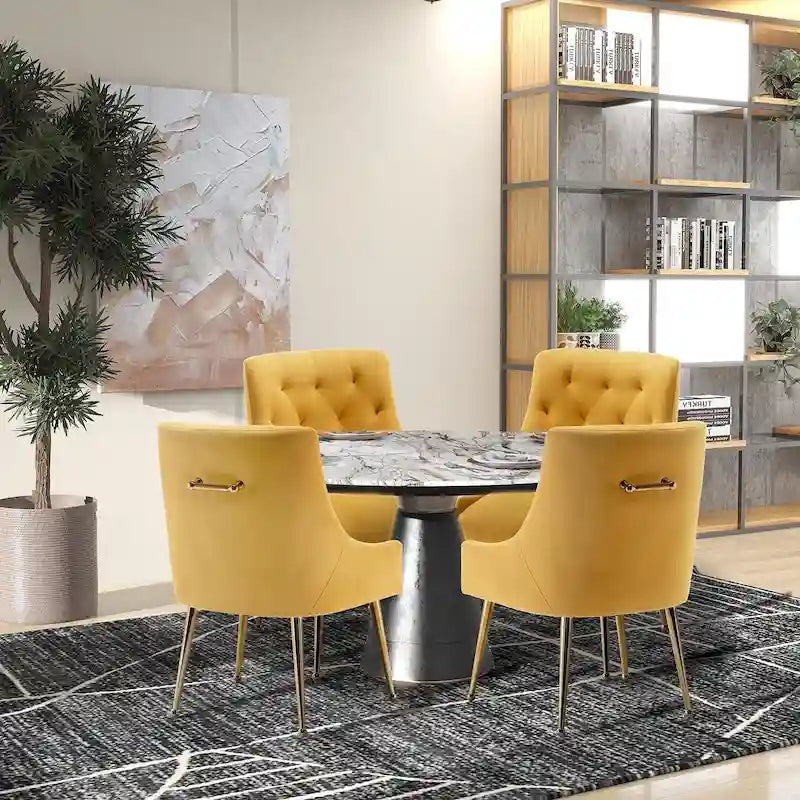 Velvet Dining Chairs Set of 4 - Tufted High Back with Gold Legs - Upholstered Armless - 24.5D x 21.6W x 33.3H - 250 lbs