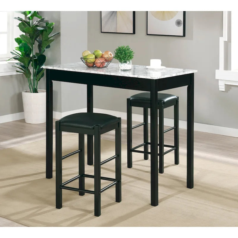 3-Piece Counter Height Dining Set - Faux Marble Table 42W x 22D x 36H with 2 Padded Stools - Space Saving