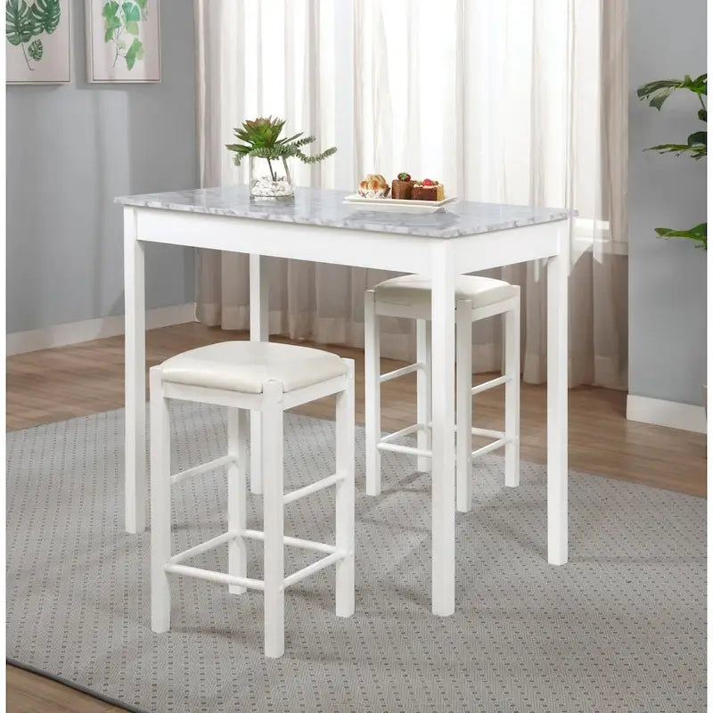 3-Piece Counter Height Dining Set - Faux Marble Table 42W x 22D x 36H with 2 Padded Stools - Space Saving