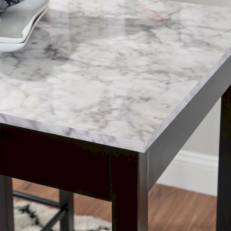 3-Piece Counter Height Dining Set - Faux Marble Table 42W x 22D x 36H with 2 Padded Stools - Space Saving