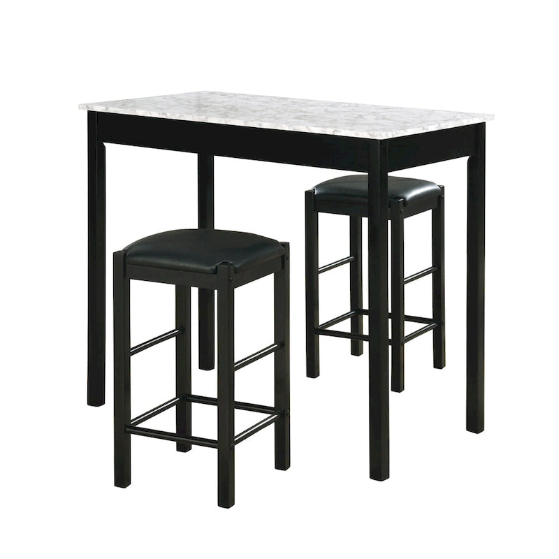 3-Piece Counter Height Dining Set - Faux Marble Table 42W x 22D x 36H with 2 Padded Stools - Space Saving
