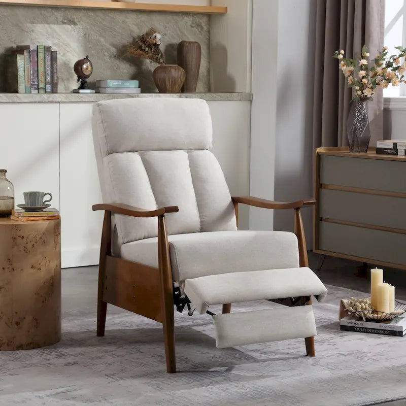 Adjustable Recliner Chair with Footrest - Wood Frame - High-Density Foam - Mid-Century Modern - 250 lbs - Linen/Leather/Microsuede