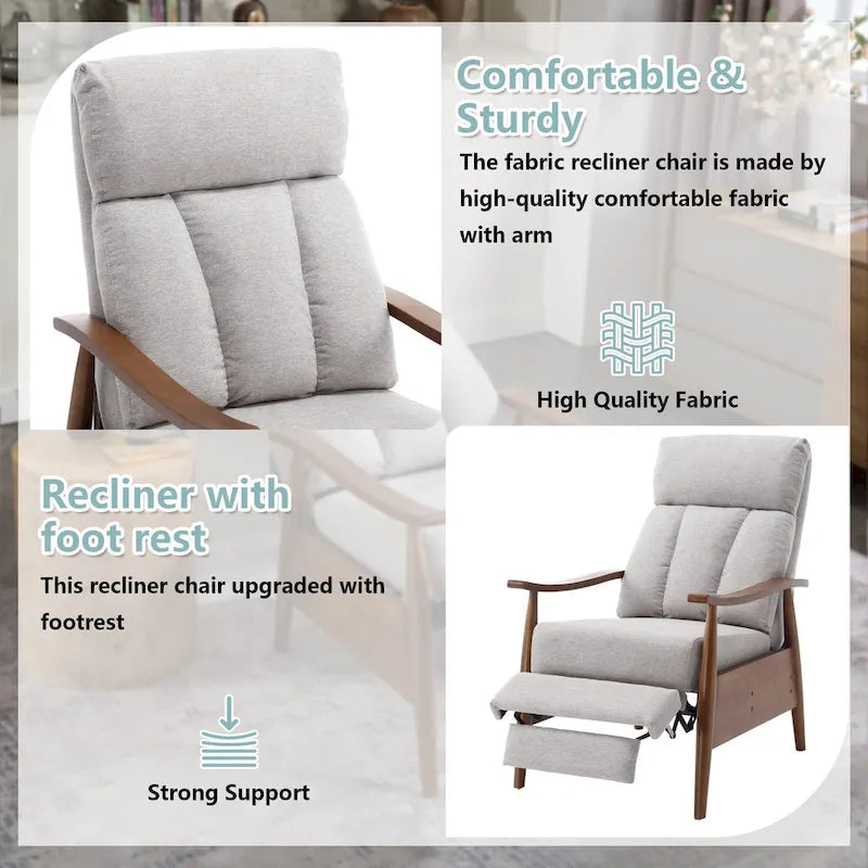 Adjustable Recliner Chair with Footrest - Wood Frame - High-Density Foam - Mid-Century Modern - 250 lbs - Linen/Leather/Microsuede