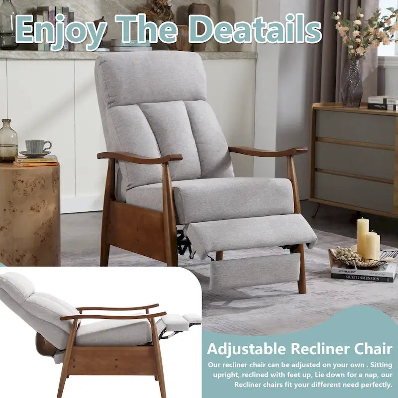 Adjustable Recliner Chair with Footrest - Wood Frame - High-Density Foam - Mid-Century Modern - 250 lbs - Linen/Leather/Microsuede