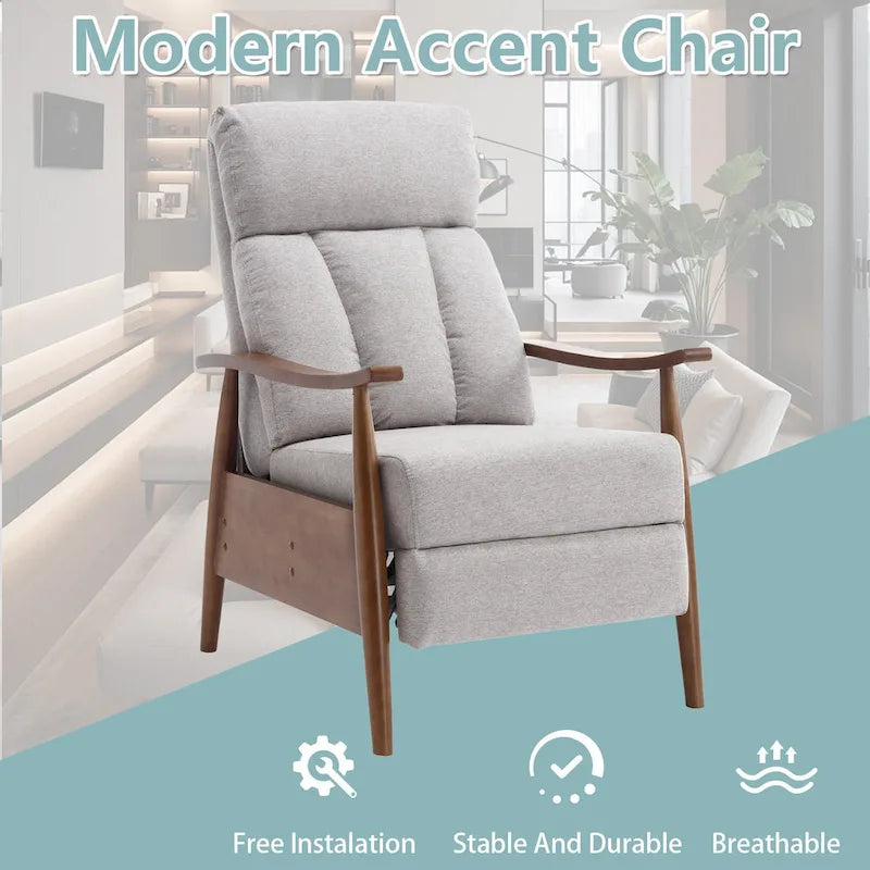 Adjustable Recliner Chair with Footrest - Wood Frame - High-Density Foam - Mid-Century Modern - 250 lbs - Linen/Leather/Microsuede