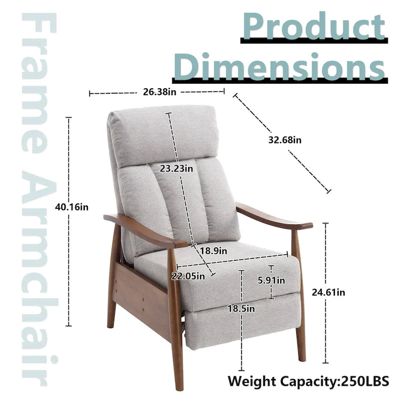 Adjustable Recliner Chair with Footrest - Wood Frame - High-Density Foam - Mid-Century Modern - 250 lbs - Linen/Leather/Microsuede