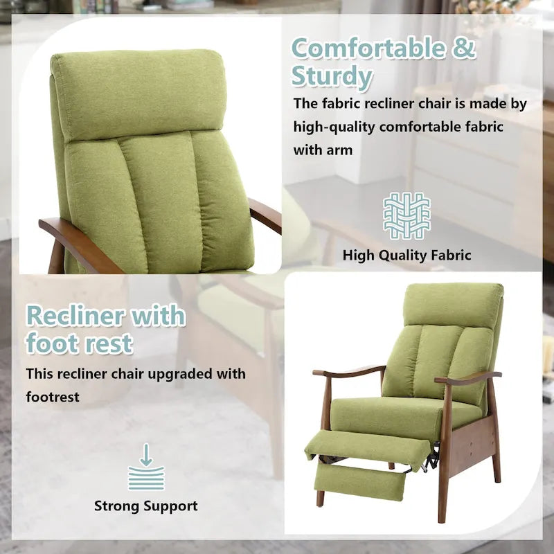 Adjustable Recliner Chair with Footrest - Wood Frame - High-Density Foam - Mid-Century Modern - 250 lbs - Linen/Leather/Microsuede