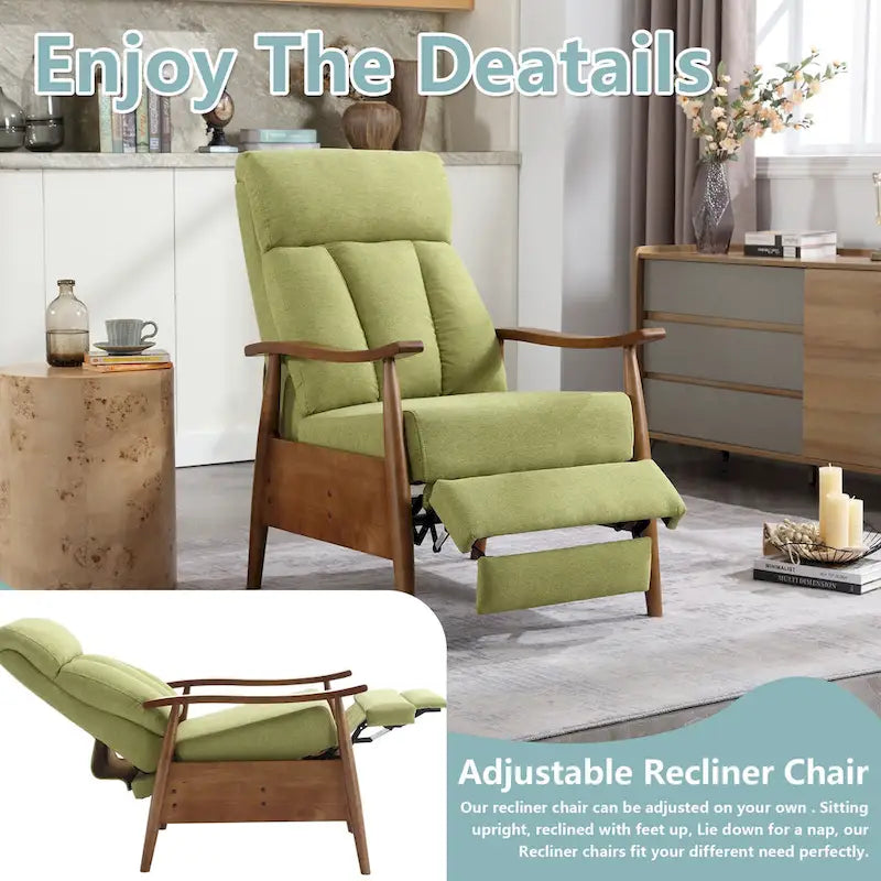 Adjustable Recliner Chair with Footrest - Wood Frame - High-Density Foam - Mid-Century Modern - 250 lbs - Linen/Leather/Microsuede