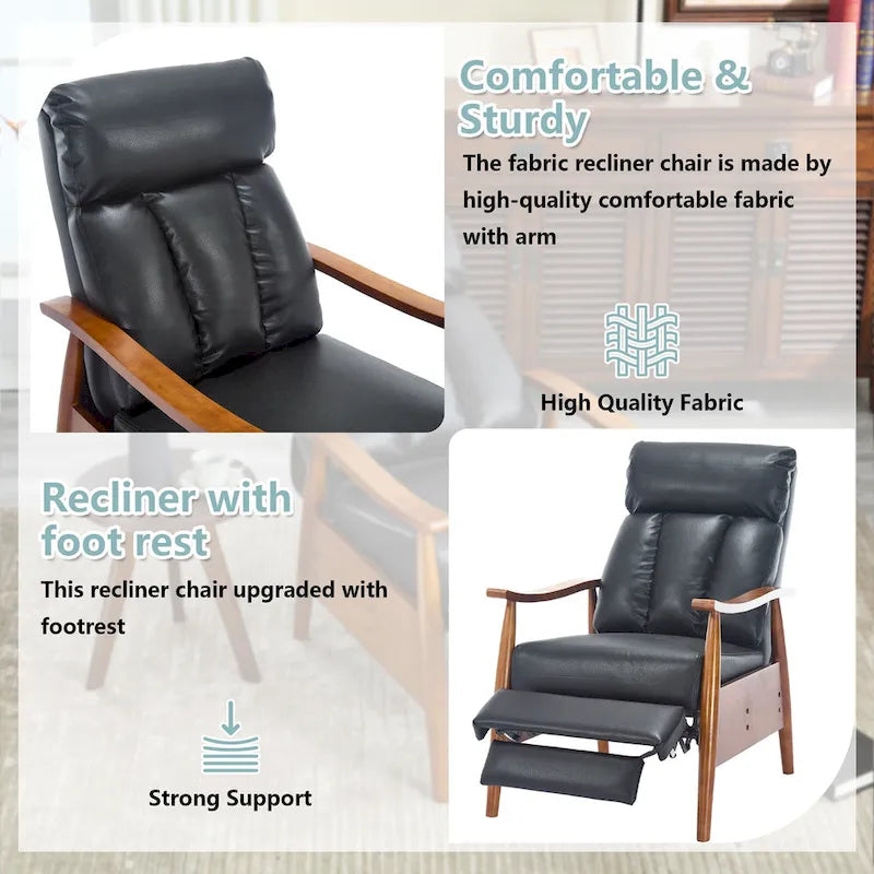 Adjustable Recliner Chair with Footrest - Wood Frame - High-Density Foam - Mid-Century Modern - 250 lbs - Linen/Leather/Microsuede